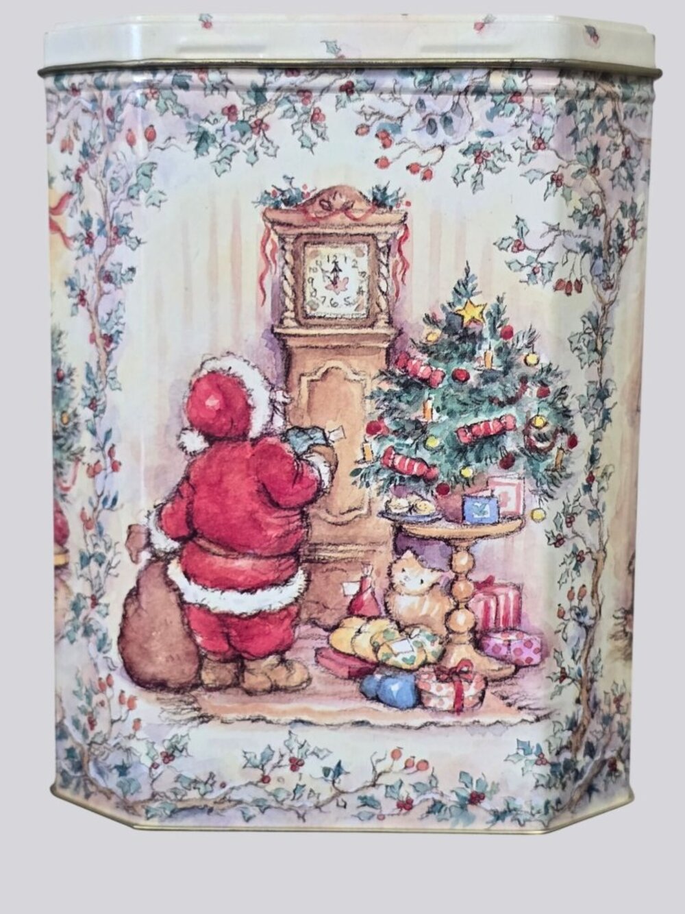 Vintage Christmas Tin With Santa Teddy Bear & Holiday Scenes Octagonal